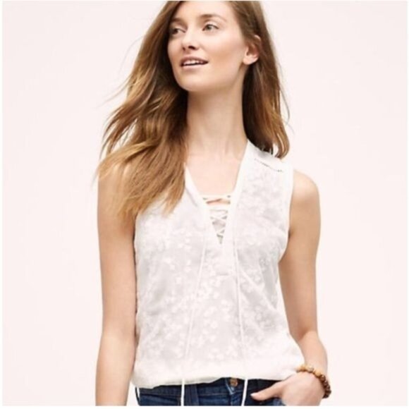 Anthropologie Maeve embroidered White Floral Lace Up sleeve less top 12 - Picture 1 of 11